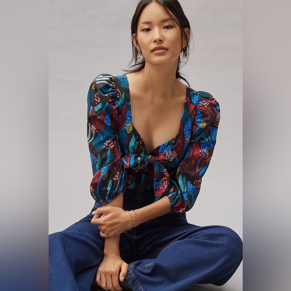 Eva Franco Teal and Burgundy Floral Tie-Front Blouse